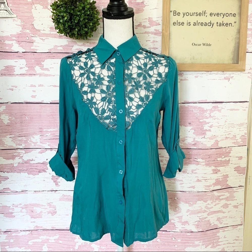 Deana Blue Crochet Detail Button Down Shirt Small See Through Casual NEW